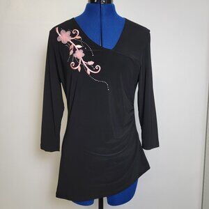 Dressbarn Womens Black wPink Embroidery Flowers Sequins Long Sleeve Blouse M